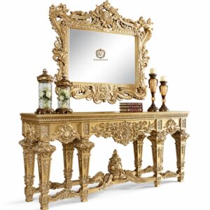 Luxury Royal Console Table with Ornate Mirror in Antique Gold Finish by FZ Handicraft