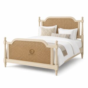 cane panel wooden bed | ivory solid wood rattan bed | luxury handcrafted king size bed