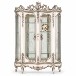 royal ivory silver wooden crockery cabinet with glass doors | luxury hand carved display unit | premium solid wood crockery showcase