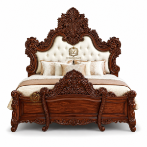 royal hand carved solid wood bed | luxury teak wood bed with upholstered headboard | premium designer double bed