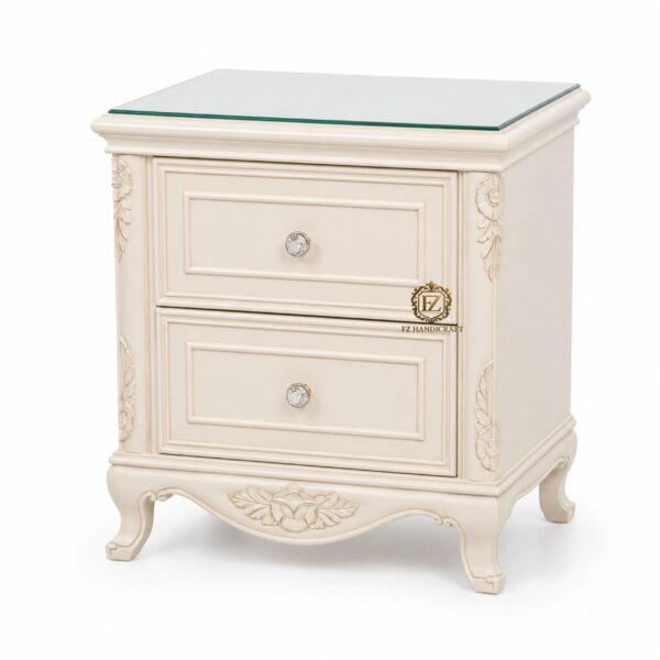 luxury ivory bedside table with glass top | premium solid wood nightstand