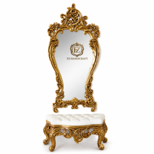 luxury royal wall mirror with upholstered bench – handcrafted solid wood decorative hallway furniture in antique gold finish