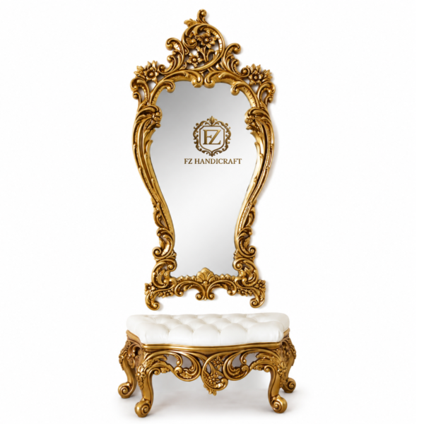 luxury royal wall mirror with upholstered bench – handcrafted solid wood decorative hallway furniture in antique gold finish