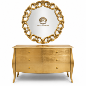 luxury gold dresser console with round mirror – modern royal solid wood vanity cabinet for bedroom & hallway