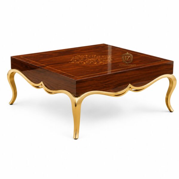 luxury modern wooden center table with gold curved legs | premium sheesham wood coffee table