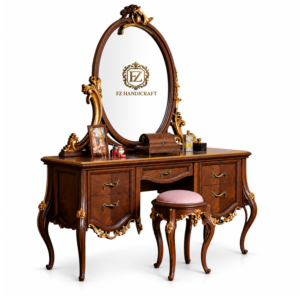 luxury royal dressing table with stool – handcrafted solid wood vanity set in dark walnut finish
