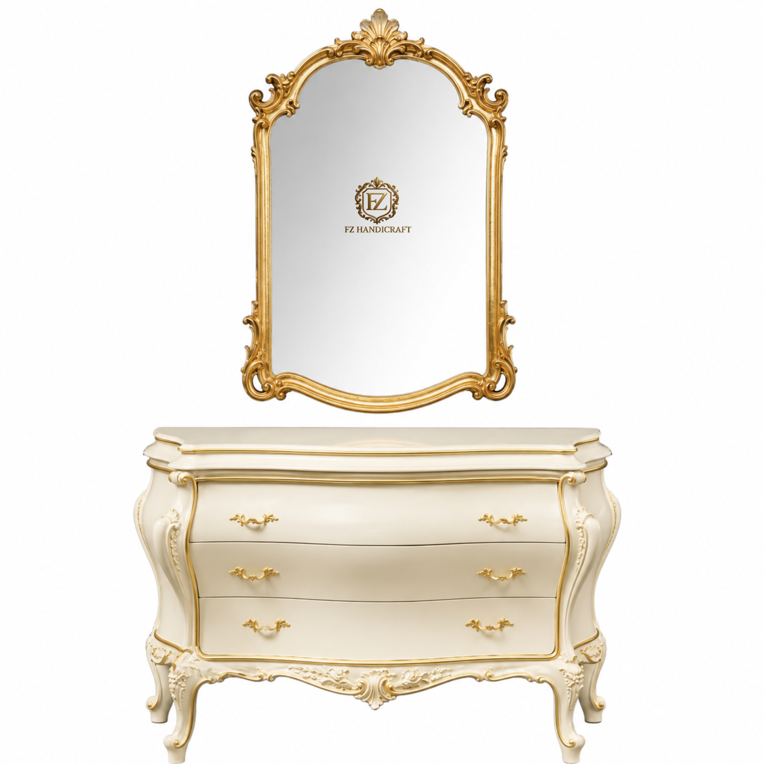 luxury royal dresser console with ornate mirror – ivory gold finish luxury royal dresser console with ornate mirror – ivory gold finish