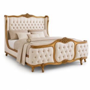 royal ivory gold upholstered bed | luxury tufted solid wood bed | handcrafted designer bed frame with carving | premium bedroom furniture