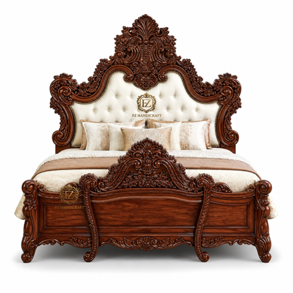 royal hand carved solid wood bed | luxury teak wood bed with upholstered headboard | premium designer double bed