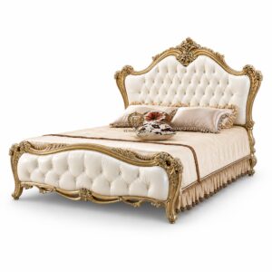 royal luxury upholstered bed | ivory tufted solid wood bed with antique carving | designer king size bed frame