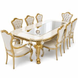luxury royal glass top dining table set with antique gold carving