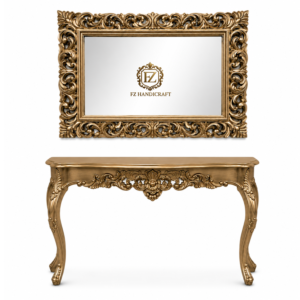 luxury royal console table with ornate wall mirror – handcrafted solid wood hallway furniture in antique gold finish