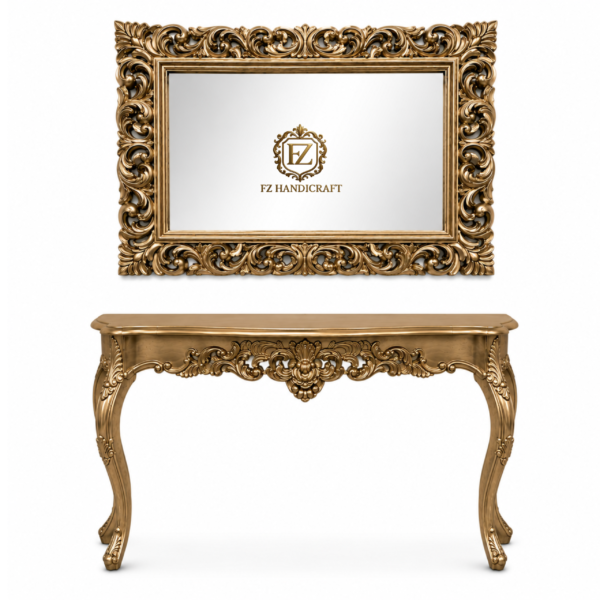 luxury royal console table with ornate wall mirror – handcrafted solid wood hallway furniture in antique gold finish