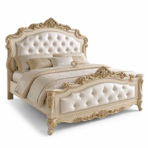 royal upholstered carved bed | ivory gold luxury wooden bed | king size designer bed