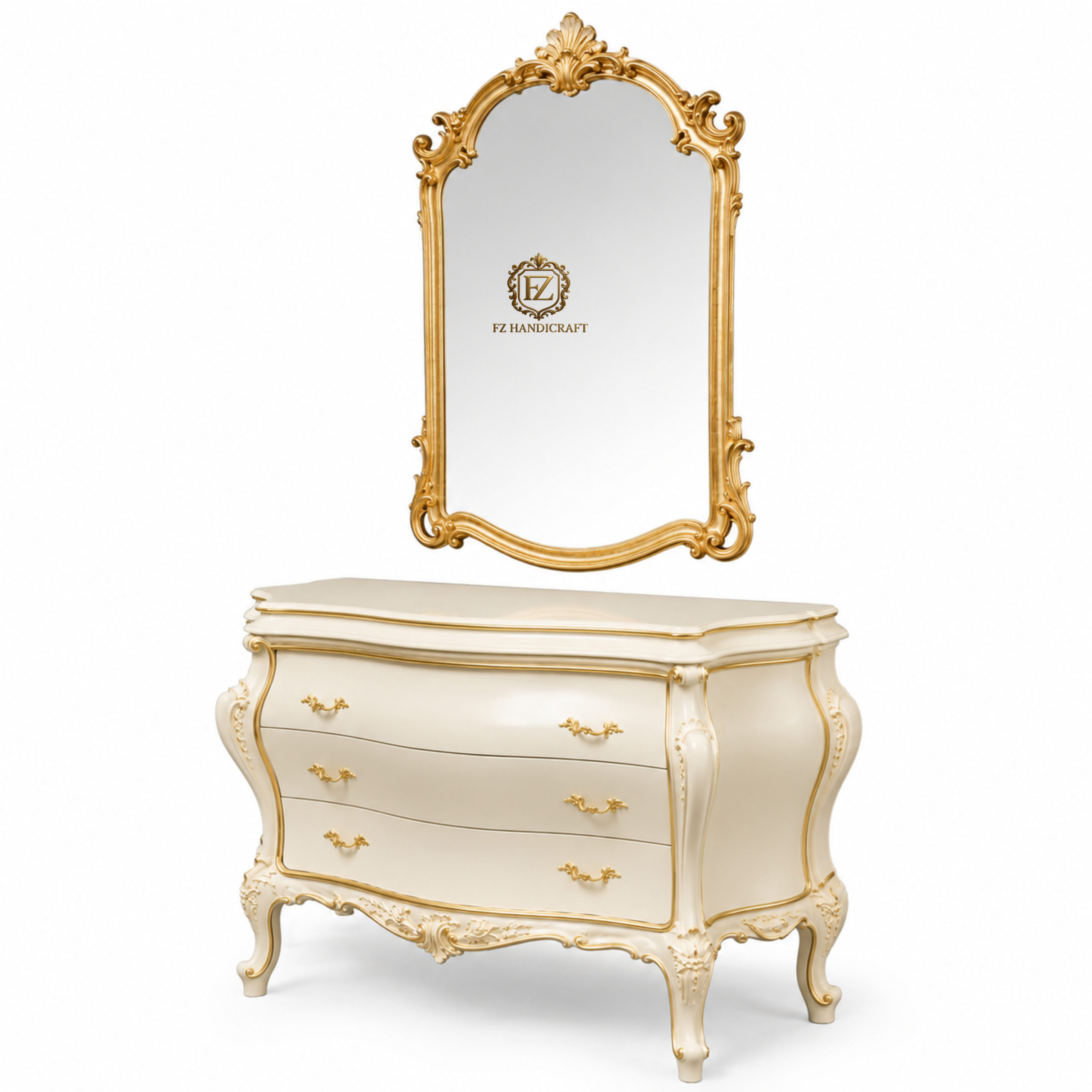 luxury royal dresser console with ornate mirror – ivory gold finish luxury royal dresser console with ornate mirror – ivory gold finish