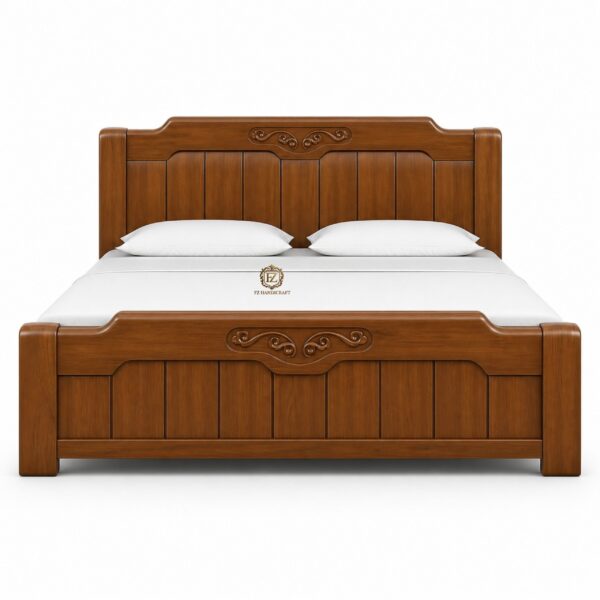 solid wood panel bed | minimal carved wooden bed | classic king size bed in teak finish