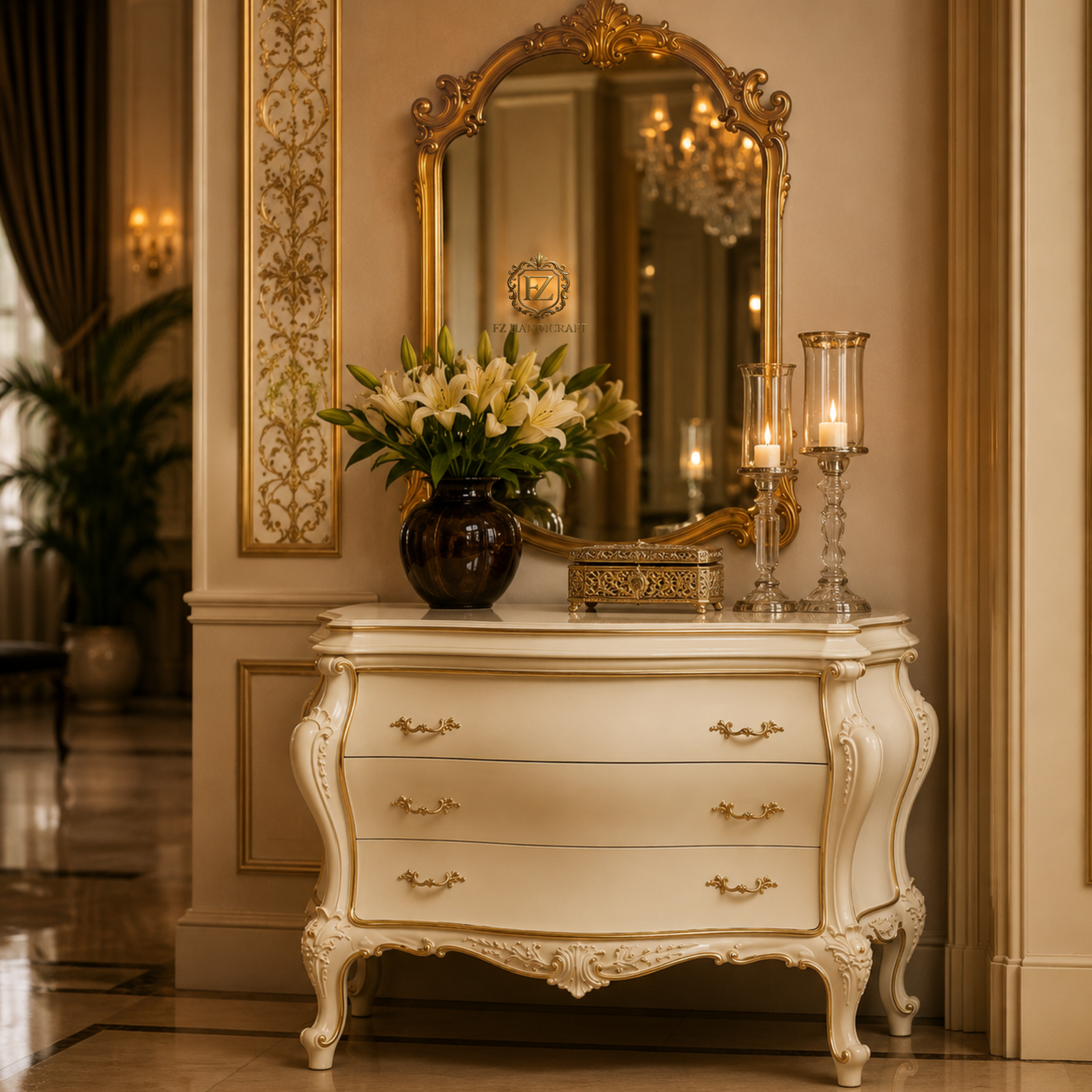 luxury royal dresser console with ornate mirror – ivory gold finish luxury royal dresser console with ornate mirror – ivory gold finish