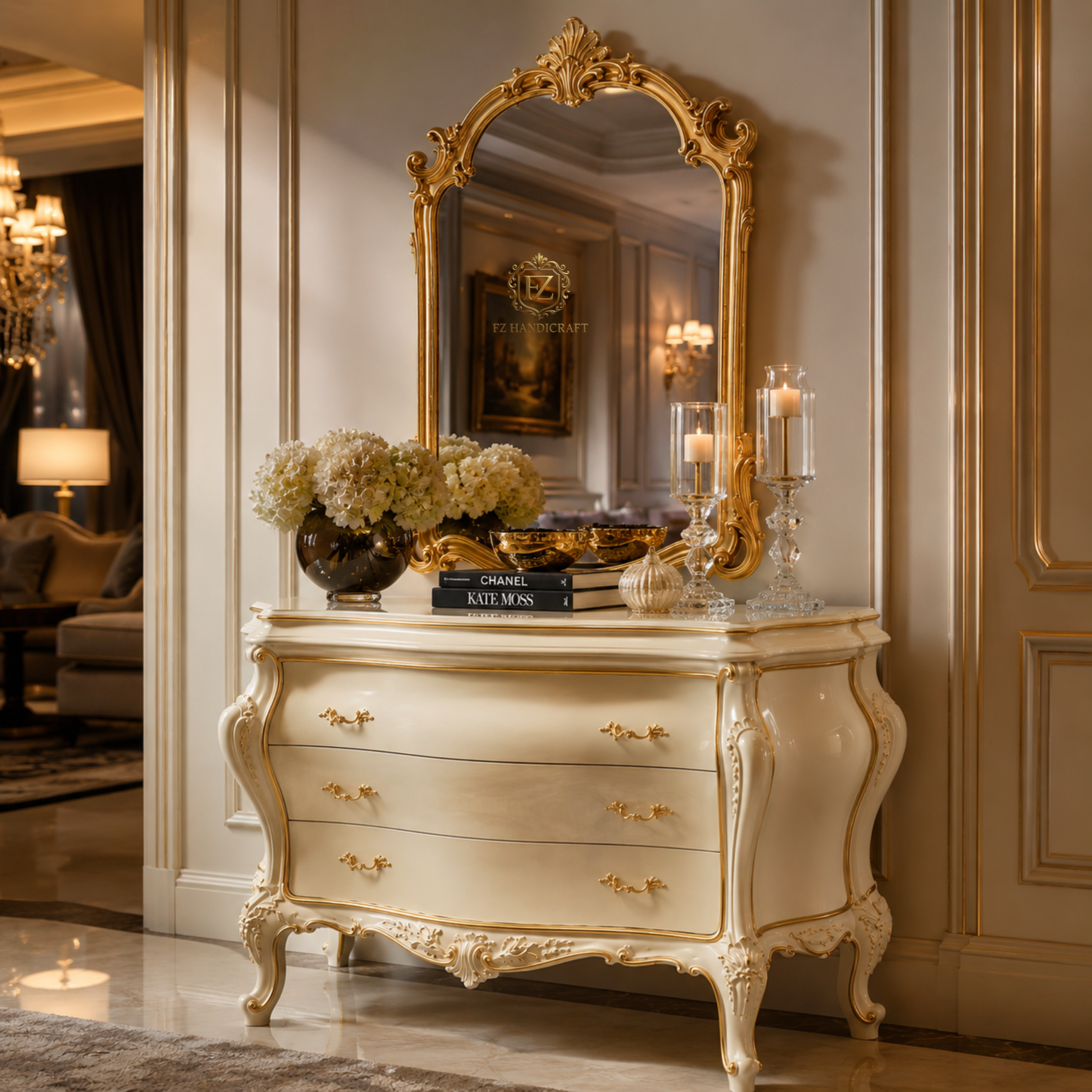 luxury royal dresser console with ornate mirror – ivory gold finish luxury royal dresser console with ornate mirror – ivory gold finish