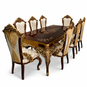 luxury royal solid wood dining table set with antique gold hand carving | 8 seater premium dining furniture