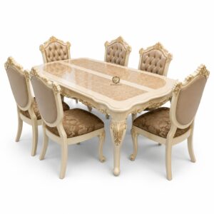 luxury cream dining table set with marble top design | royal 6 seater solid wood dining furniture
